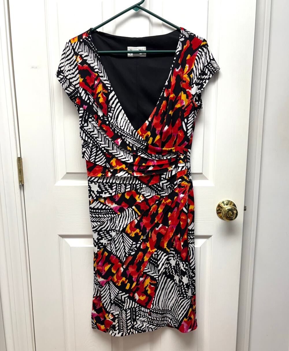 Joseph Ribkoff Dress Abstract Print Faux Wrap V Neck Ruched Multicolor  Size 12